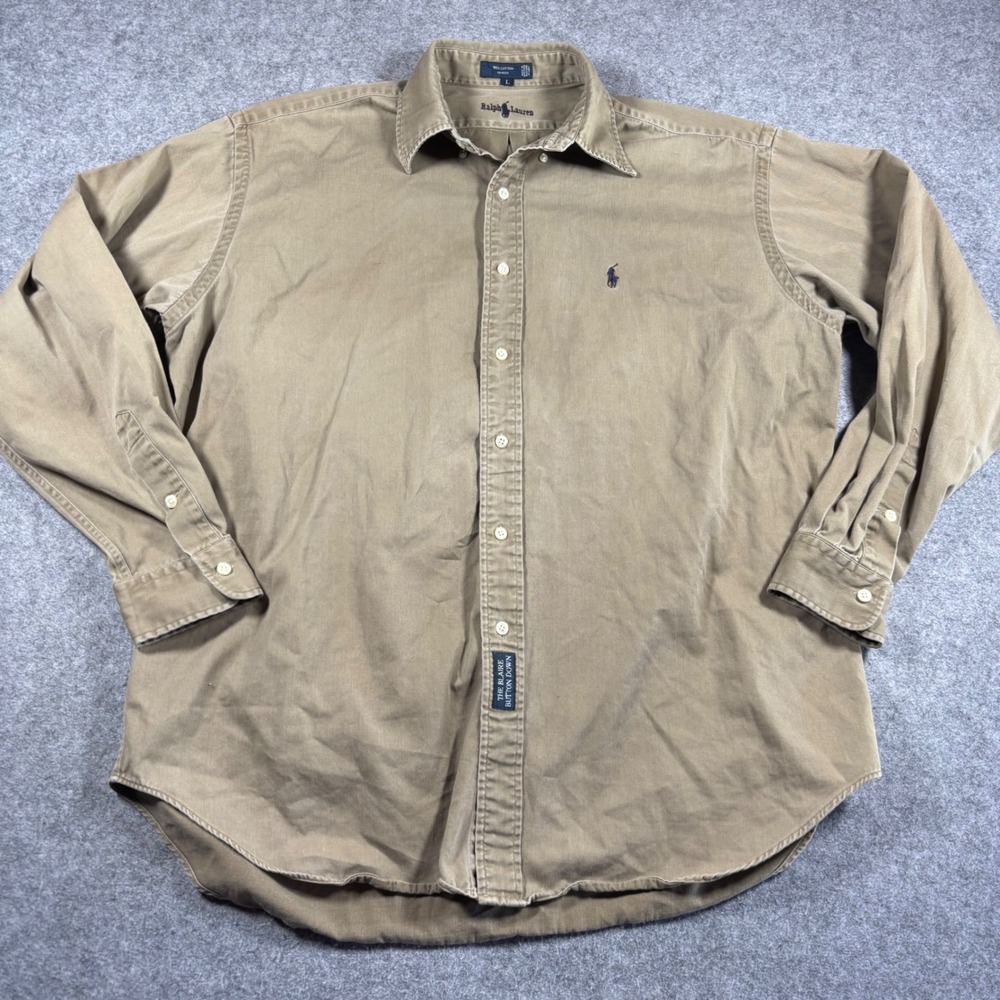 Ralph Lauren The Blaire Men Large Khaki Tan Cotton Button Down Shirt Long Sleeve